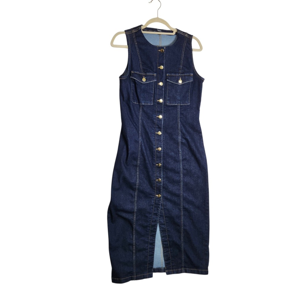 Express Womens Dark Wash Denim Button Front Midi Sheath Dress Blue Large